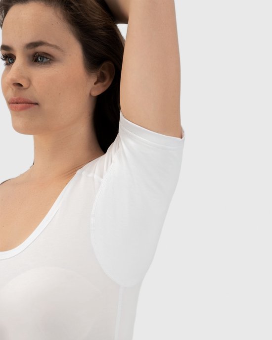 Anti Sweat Shirt - Fibershirts® - Eingenähte Achselpads - Unterhemd - Weiß - Rundhalsausschnitt - Damen - Größe S