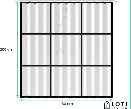 Loti Living Duschvorhang Anti-Schimmel - Matt Transparent Schwarz - Inklusive Ringe - Wasserdicht - PEVA - Duschvorhang 180x200 cm