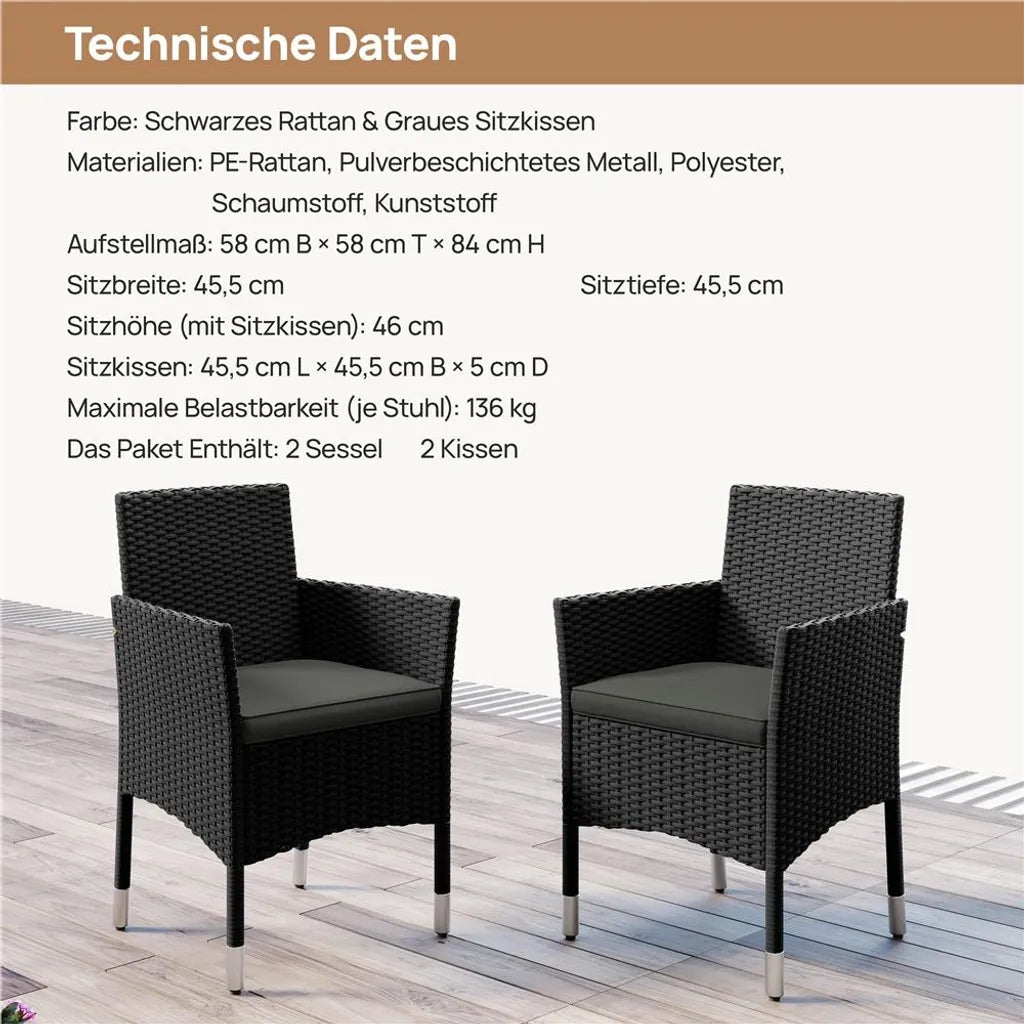 Yaheetech 2er-Set Gartenstühle 58 x 58 x 84 cm – Schwarz/Grau – Gartenstühle aus Polyrattan mit Sitz- und Rückenkissen