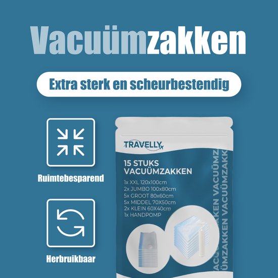 Travelly® Vakuumbeutel & Reisebeutel Set - Aufbewahrung von Kleidung & Reisen - Luftdicht - Inklusive Pumpe - Wiederverwendbar - Platzsparend - 15er Set - Transparent