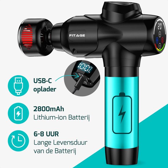 FITAGE - Massage Gun Hot & Cold - Professionelles Massagegerät - 8 Aufsätze - 20 Stufen - schwarz