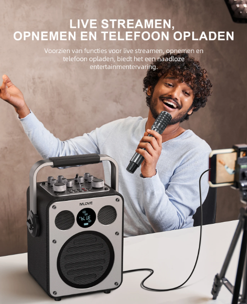 MLOVE D5 Karaoke-Anlage – 200 W – 2 drahtlose Mikrofone – Bluetooth – Schwarz