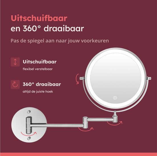 Fraay® Make-up-Spiegel mit LED-Beleuchtung - 10-fache Vergrößerung - Vergrößerungsspiegel mit Licht - wiederaufladbar - Rasierspiegel - Badezimmerspiegel - Chrom