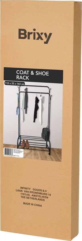 Brixy Kleiderständer - Kleiderständer doppelt - Garderobenständer auf Rädern - Kleiderständer mit Schuhregal - 98 x 34 x 159 cm - Schwarz