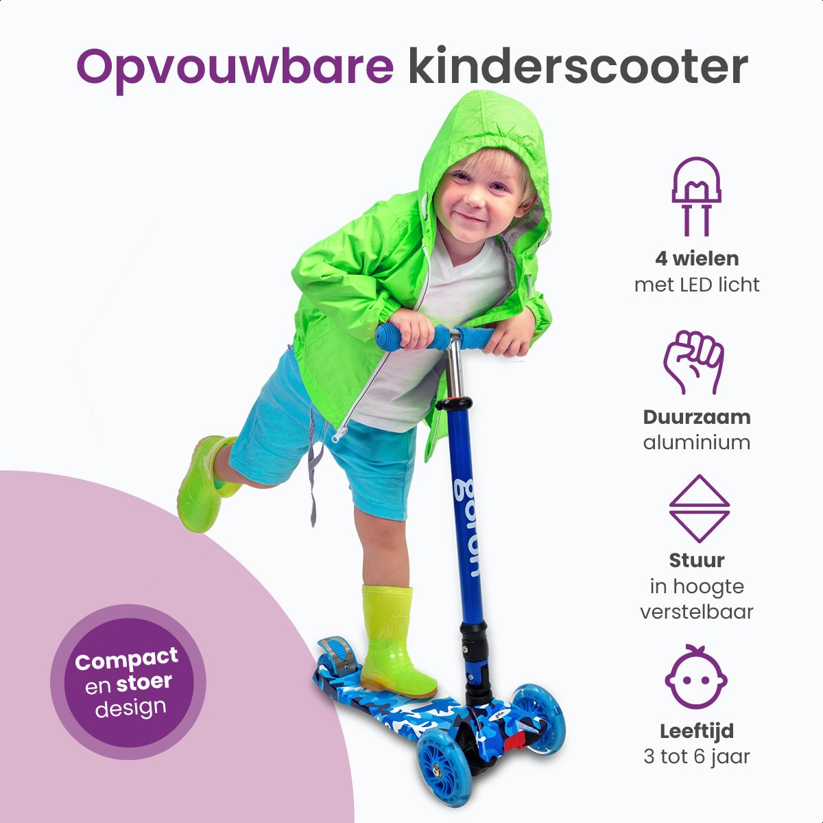 GoFun Kids Scooter - Leuchtende Räder - Zusammenklappbar - Verstellbarer Lenker - 85 x 58 x 23 cm - Blau