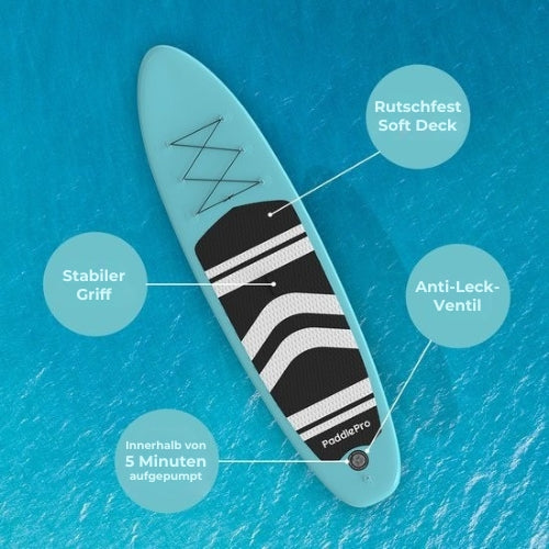 LifeGoods SUP Board - mit Sitz - Aufblasbares Paddle Board - Komplettset - Max. 135KG - 320x81cm - Mintgrün/Schwarz