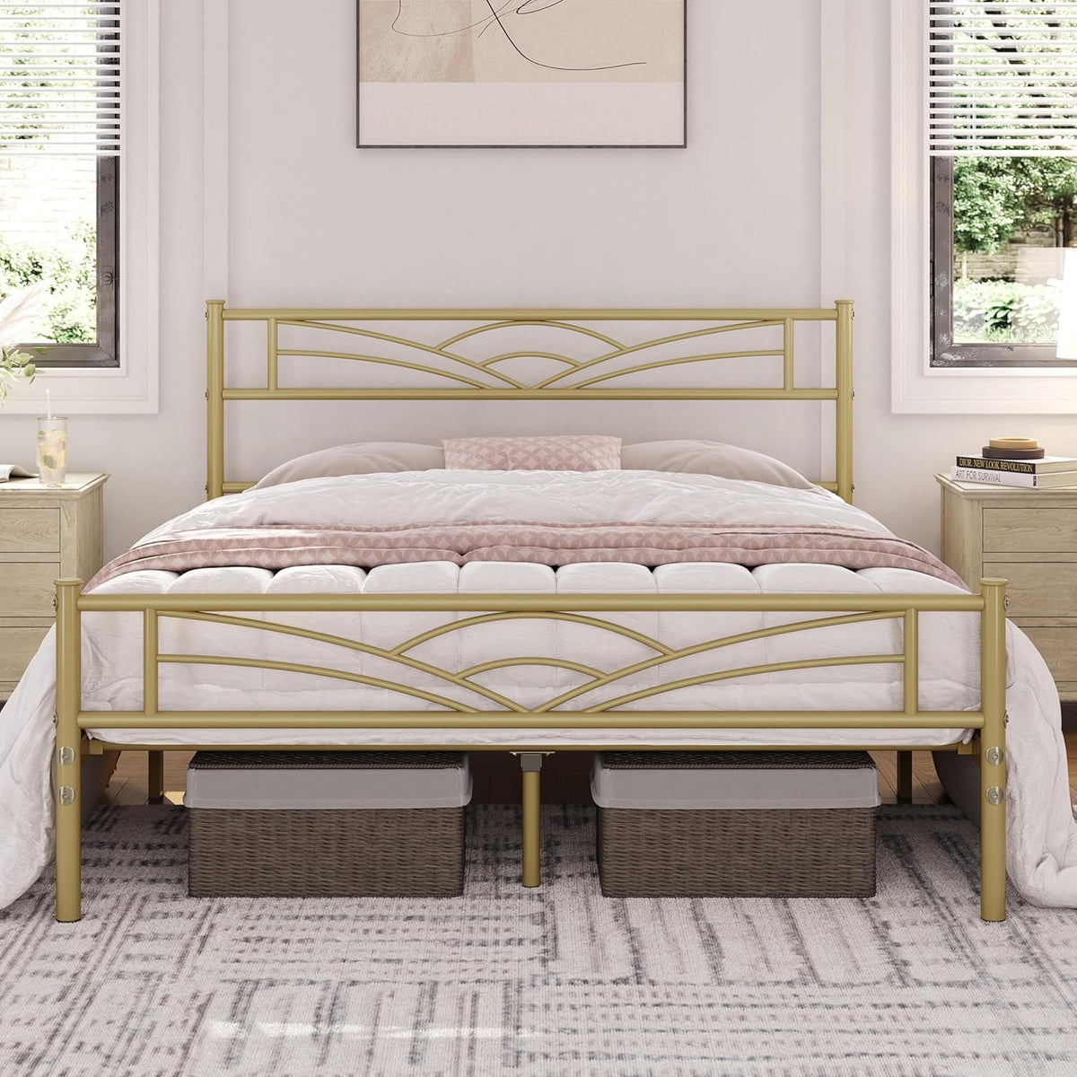 Yaheetech Metall-Bettgestell 140 x 200 cm – Antikgold – Modernes Jugendbett mit Lattenrost und großzügigem Stauraum