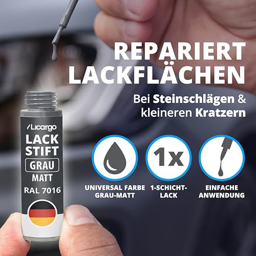 Licargo Lackstift – Anthrazitgrau matt RAL 7016 – Reparaturlack für Autos, Felgen und Metall – mit Präzisionspinsel