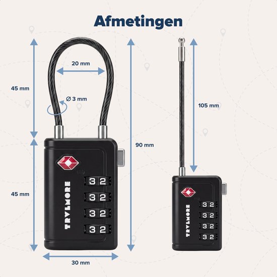 TRVLMORE Kofferschloss mit Kabel – TSA-zertifiziert – Alarmfunktion – 4-stellig – 2 Stück – Schwarz