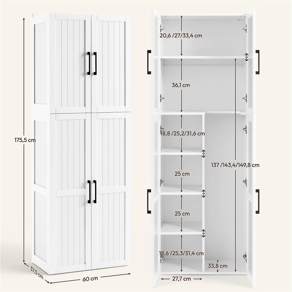Yaheetech Putzschrank 60 × 37,5 × 175,5 cm – 4 Türen, verstellbare Einlegeböden, weiß