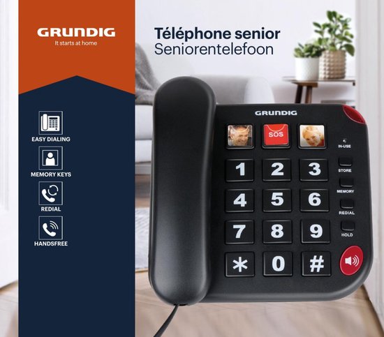 Grundig Seniorentelefon - Haustelefon Senioren große Tasten - Seniorentelefon mit Foto-Hotkeys - Lautsprecher und SOS-Taste - Schwarz