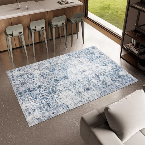 tectake® Teppich im Vintage-Design - Niederflorteppich - Boho-Teppich - Für Wohnzimmer, Schlafzimmer, Kinderzimmer oder Jugendzimmer - Waschbar - 200cm x 274cm - blau