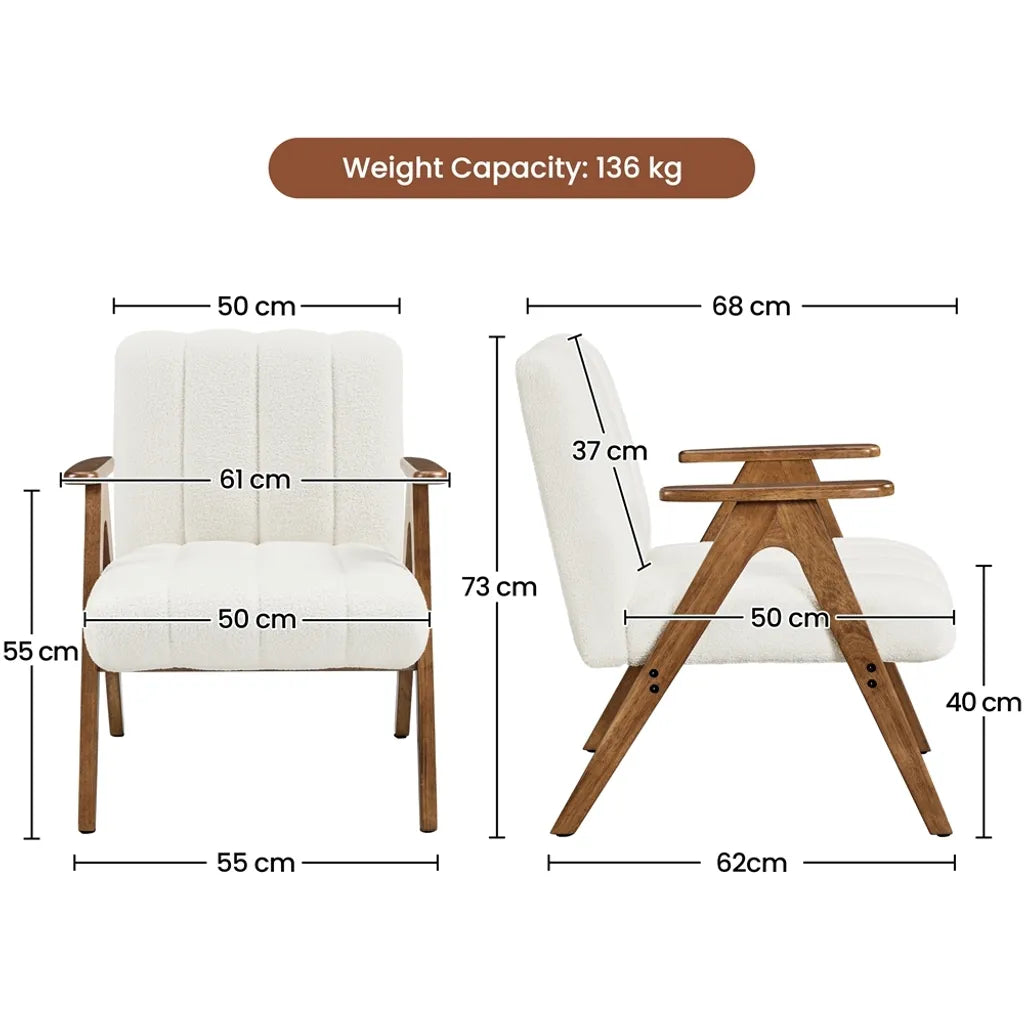 Yaheetech Sessel Weiß - Bouclé Lounge Chair mit Armlehnen und Holzbeinen - 60,5 x 68,5 x 73 cm
