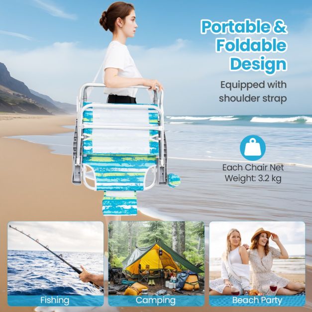 Coast Klappbare Strandstühle 62 x 54 x 80 cm – 2er-Set – 5 Neigungsstufen – Getränkehalter – Grün