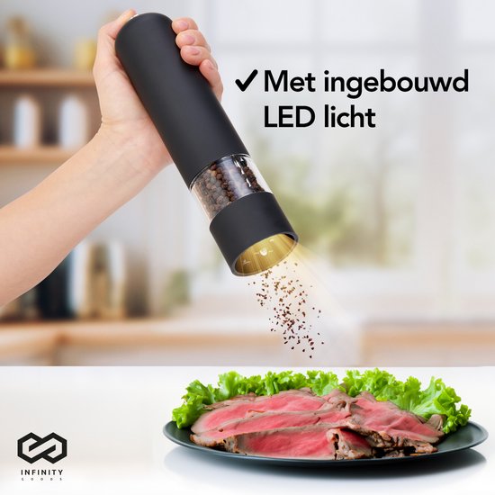 Infinity Goods Elektrisches Pfeffer- und Salzmühlen-Set - Pfeffermühle - Salzmühle - Einstellbares Mahlwerk - Gewürzmühle - Schwarz