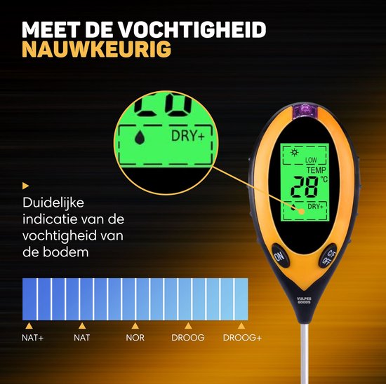 Vulpes Goods® Feuchtemessgerät für Pflanzen - 4-in-1 - Feuchtemessgerät - Innen und Außen - Hygrometer für Zimmerpflanzen - - pH, Lichtmessgerät, Temperaturmessgerät und Feuchtemessgerät - Bodenfeuchtemessgerät - PRO Version - inkl. Batterie