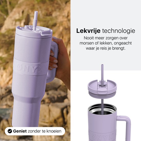 ONYX Trinkflasche mit Strohhalm 1,2 Liter - Trinkflasche für Kinder & Erwachsene - Thermosbecher Edelstahl Reisebecher - Motivationstrinker - Trinkbecher für die Schule - Pastell Lila