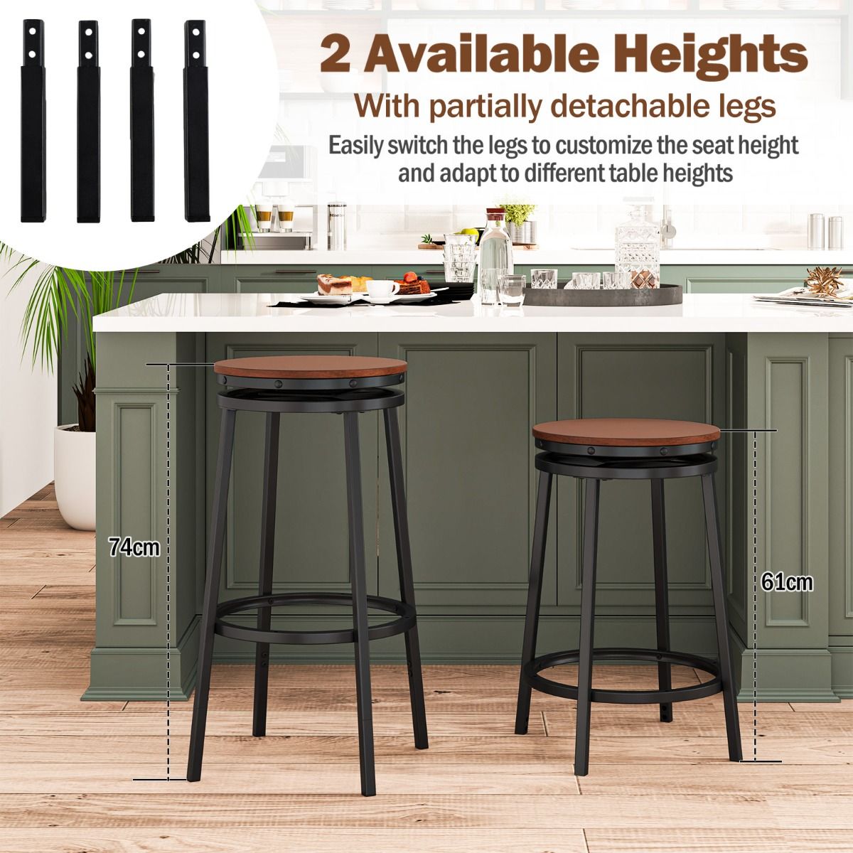 Coast Barhocker, 2er-Set – höhenverstellbar – um 360° drehbar – rustikales Braun und Schwarz
