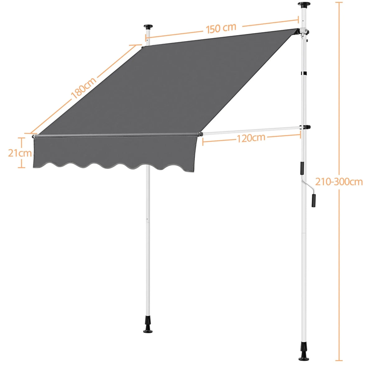 Yaheetech Klemmsonnenschirm mit Handkurbel - mit höhenverstellbaren Teleskopstangen und wasserabweisendem Tuch und Schutzfüßen - für Balkon und Terrasse - dunkelgraues Polyester und Metall - 150 x 180 x 210-300 cm