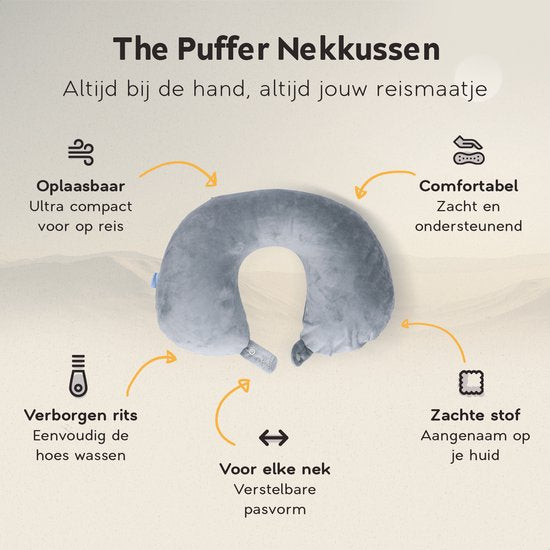 TRAVARA Nackenkissen „The Puffer“ – Aufblasbares Reisekissen – Für das Flugzeug – Autokissen – Travel Pillow – Grau