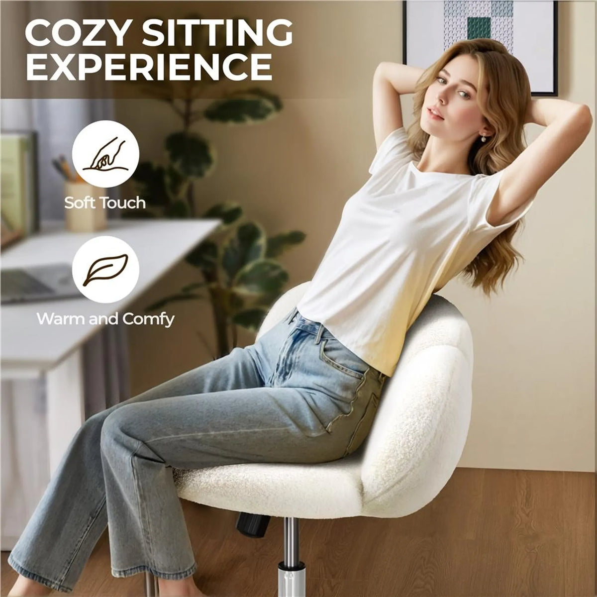 Yaheetech Bürostuhl in Wolkenform – Ergonomisch, Bouclé, 60 × 70 × 72–82 cm – Weiß