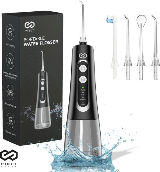 Infinity Goods Water Flosser - Oral Washer - Elektrische Zahnseide - Schnurlos und wiederaufladbar - 5 Aufsätze - Schwarz