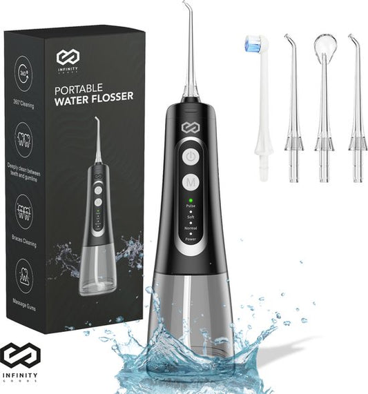 Infinity Goods Water Flosser - Oral Washer - Elektrische Zahnseide - Schnurlos und wiederaufladbar - 5 Aufsätze - Schwarz
