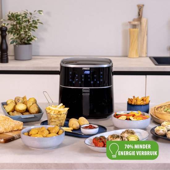 Princess Digitale Heißluftfritteuse 182238 - Mit höhenverstellbarem Grillrost - Groß 4 Liter - Schwarz - Digitaler Touchscreen - 8 Automatikprogramme