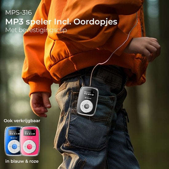 Denver MP3-Player inkl. Ohrhörer - 32GB - Shuffle-Modus - Kinder & Erwachsene - Befestigungsclip - AUX - MicroSD - MPS316 - Schwarz