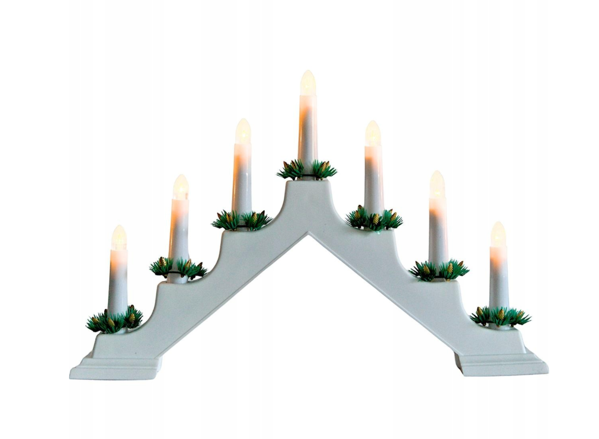 Nampook Adventskerzenhalter aus Holz mit 7 LEDs und Schalter, 38,5 cm – Mattweiß – Kiefernholz