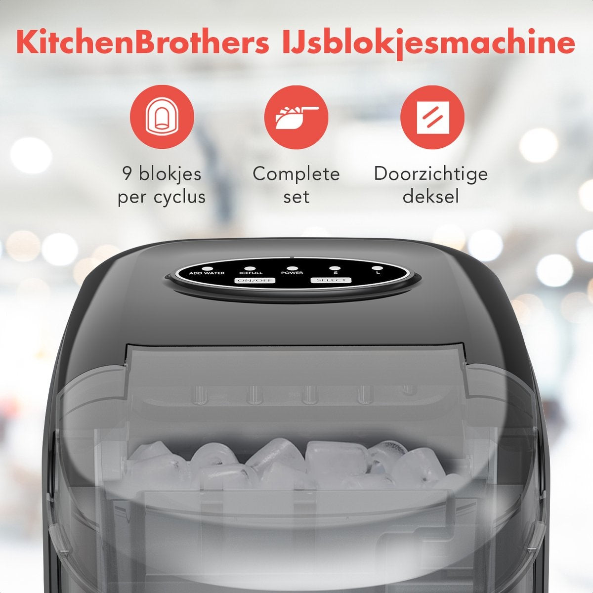 KitchenBrothers Eiswürfelbereiter - 1.6L - 8 min. - 12kg/24h - Selbstreinigungsfunktion - Eiswürfelbereiter mit Eisportionierer - Schwarz