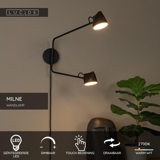 Lucide MILNE – Wandleuchte – dimmbare LED – 2 × 8 W, 2700 K – Schwarz