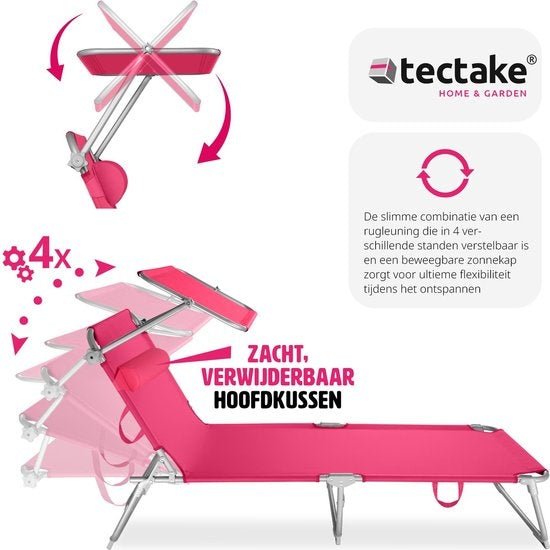tectake - Zonnestoel ligbed zonnebed Chloe - met verstelbaar zonnedak - pink - 403419