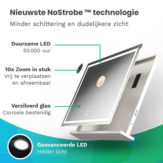 Mirlux Hollywood Mirror 80x60CM - 2 Bluetooth-Lautsprecher - USB & USB-C Ladeanschlüsse - LED-Beleuchtung - Schminkspiegel - 10x Zoom - Aufhängbar - Weiß