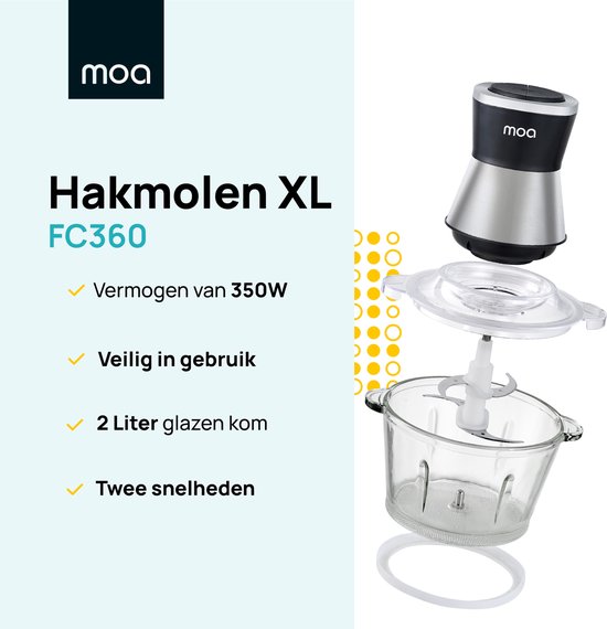 MOA Chopper Electric - Food Chopper XL - 350 W - 2L Glasschüssel - 4 Messer - rostfreier Stahl