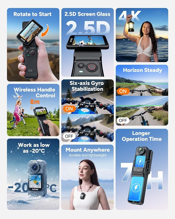 SJCAM C400 Action-Kamera 4K, 7 Stunden Akkulaufzeit, 6-Achsen-Stabilisierung, Sportkamera mit zwei Touchscreens, wasserdicht bis 30 Meter, Vlogging-Kamera mit Zubehörset, schwarz, inklusive 64-GB-Speicherkarte
