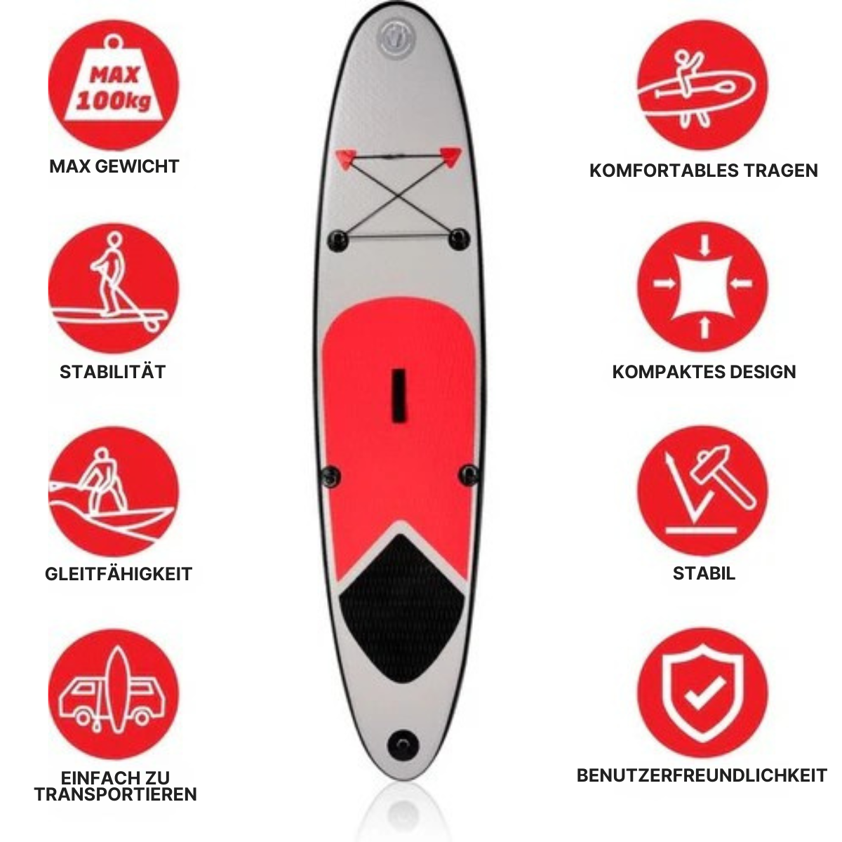 Surfplank - Surfbrett - Aufblasbar - 243x57x7cm - mit Tragetasche - Weiß/ Rot