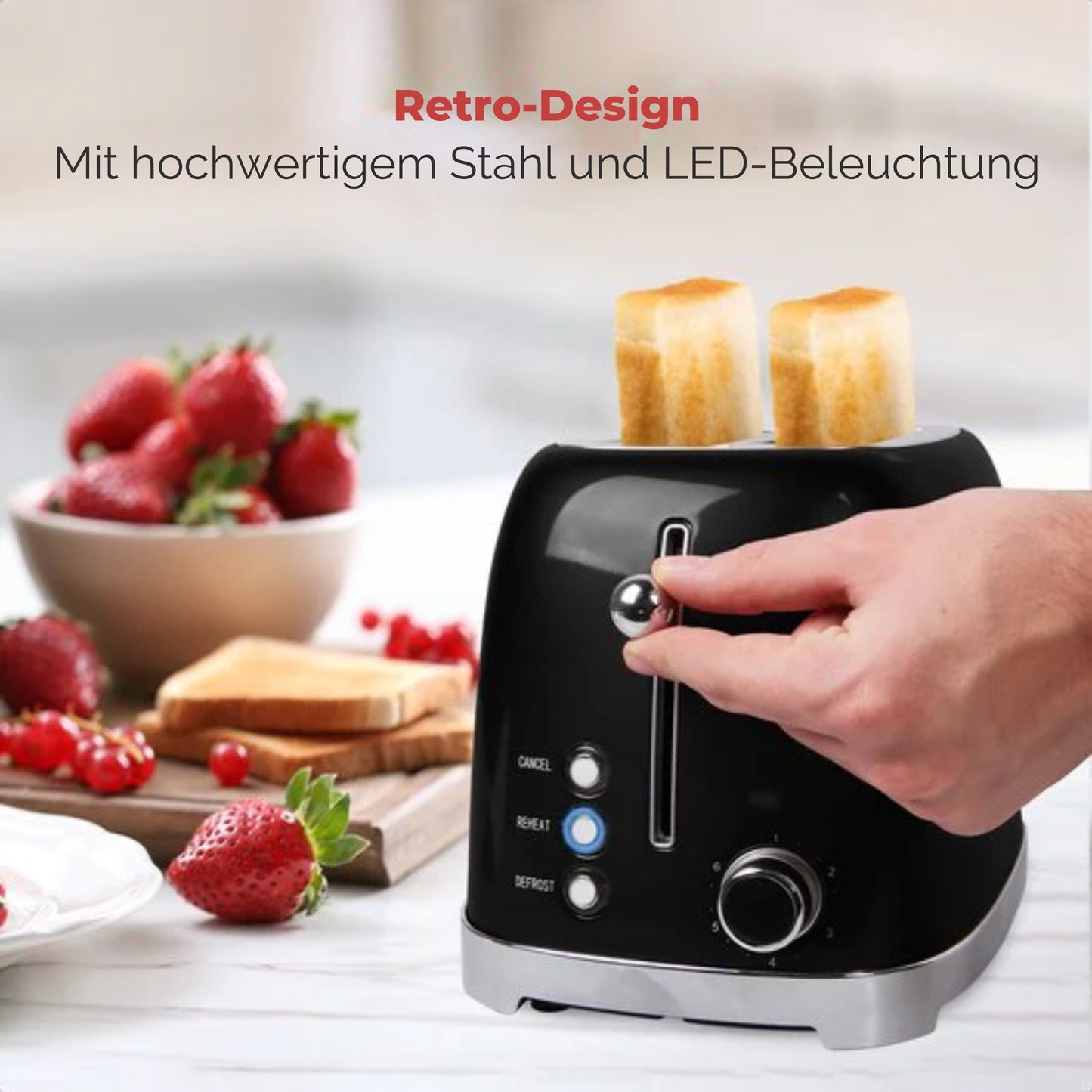 KitchenBrothers Toaster - 6 Heizstufen - 2 extra breite Schlitze - Aufwärm- und Auftaufunktion - Schwarz