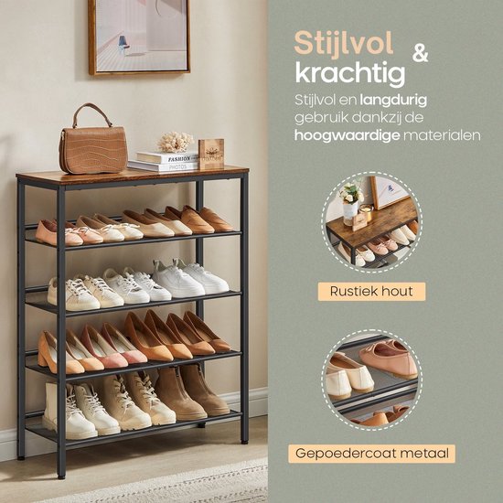 O'DADDY® Schuhregal - 5 Schichten - Schuhaufbewahrungssystem - Schuhregal - Schuhschrank - Schuhschrank - Industriedesign - Braunes Holz - Schwarzes Metall