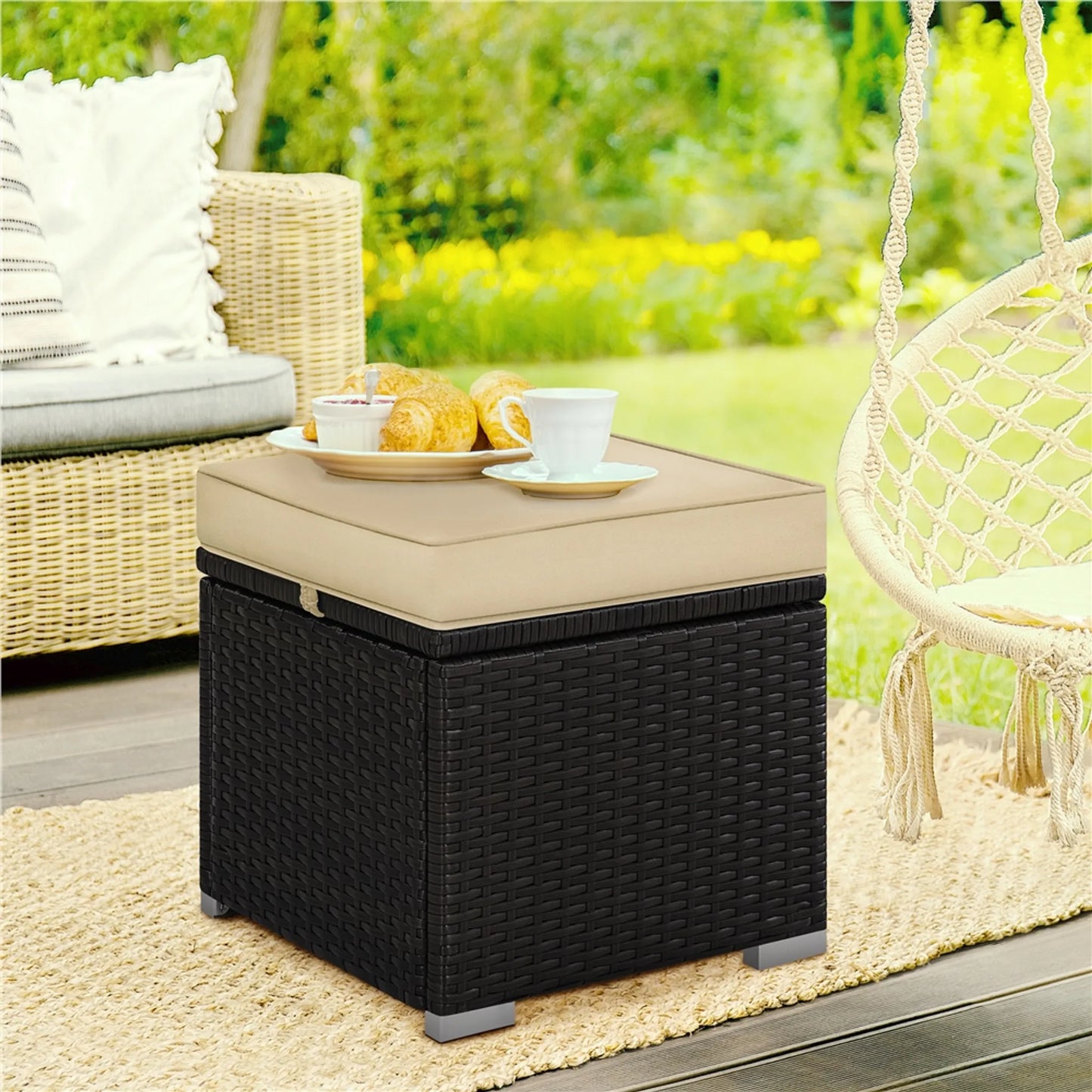 Yaheetech Hocker mit Lagerung 2 Stück - Features versteckten Fach und wasserabweisende Rattan Wicker und pulverbeschichtetem Metallrahmen - für Garten Balkon und Wohnzimmer - Brown Khaki Polyethylen und Metall - 40 x 40 x 42,5 cm
