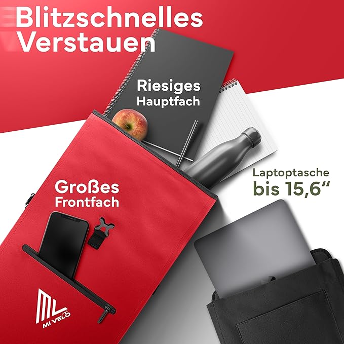 MIVELO Gepäckträger - 3-in-1 Rucksack & Umhängetasche - Wasserdicht & inkl. Laptopfach - 25 Liter - Rot