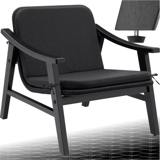 tectake - Garden Chair - Holzstuhl für Balkon oder Garten - Korbgeflecht-Sitzfläche - Outdoor-Sessel - Belastbarkeit bis 150kg - Stuhl für den Innen- und Außenbereich - inkl. Kissen - schwarz