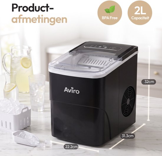 Aviro Eiswürfelmaschine XL – 2 l – Mit Eislöffel – Eiswürfelbereiter – 16 kg / 24 Std. – Selbstreinigungsfunktion – Schwarz