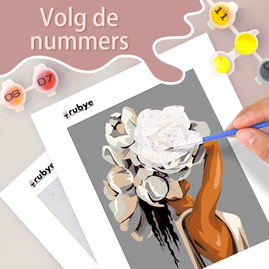 Rubye® Malen nach Zahlen Erwachsene - Blumenkopf - Inklusive Farbe und Pinsel - Malen auf Leinwand - Malen nach Zahlen - Doppelset - 15x20cm