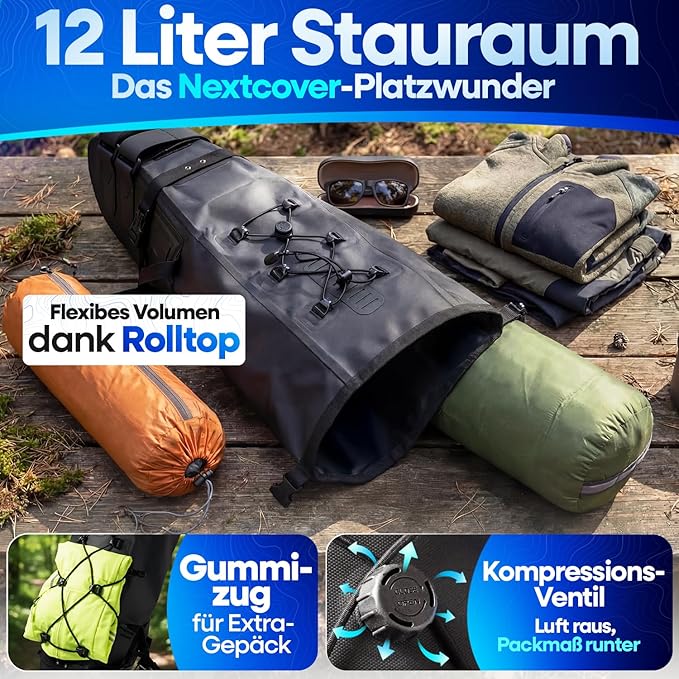 Nextcover Bikepacking-Satteltasche 12 l – AquaShield TPU – Wasserdicht – Schwarz