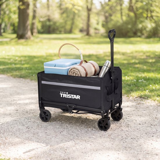 Tristar Klappbarer Handwagen – 120 l – 100 kg Tragkraft – Stahl – Lenkrollen – Zusammenklappbarer Handwagen mit Ladeklappe – inkl. wasserdichter Schutzhülle – kompakt – Festival – HC‑0917