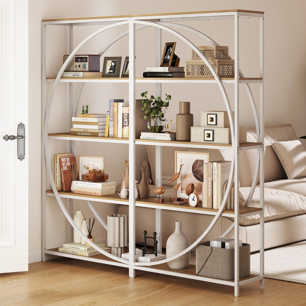 Coast Bücherregal – geometrisches Design – 5 offene Einlegeböden – weiß und naturfarben