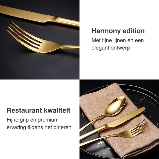 Deleca 6-Personen-Besteck-Set Harmony - Löffel, Messer, Gabeln, Steakmesser & Kuchengabeln - spülmaschinenfest - Weihnachtsgeschenk-Besteck - Gold/Edelstahl
