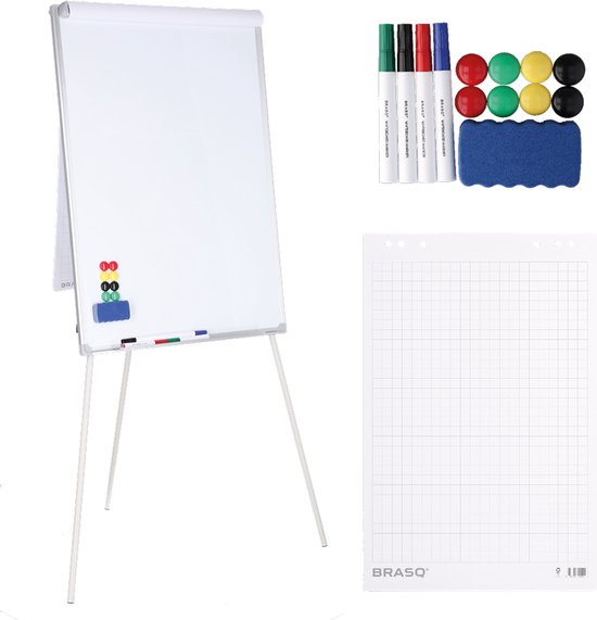 BRASQ Flipchart - 70x100cm - Verstellbares Whiteboard - Inklusive 25 Blatt Papier, 4 Marker, 8 Magnete, Radiergummi - Magnettafel mit Haken - Magnettafel - Aluminium