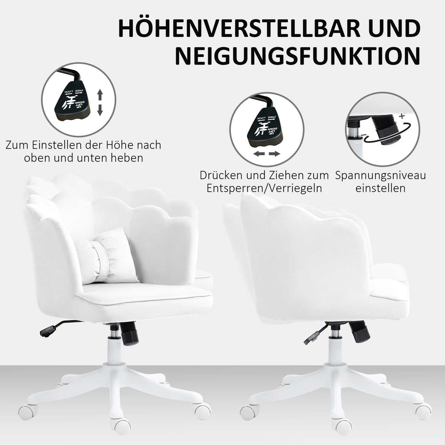 HOMCOM Schreibtischstuhl Samt - Petal Design mit Bogen Kissen, verstellbare Sitzhöhe, bequem & stilvoll - Weiß